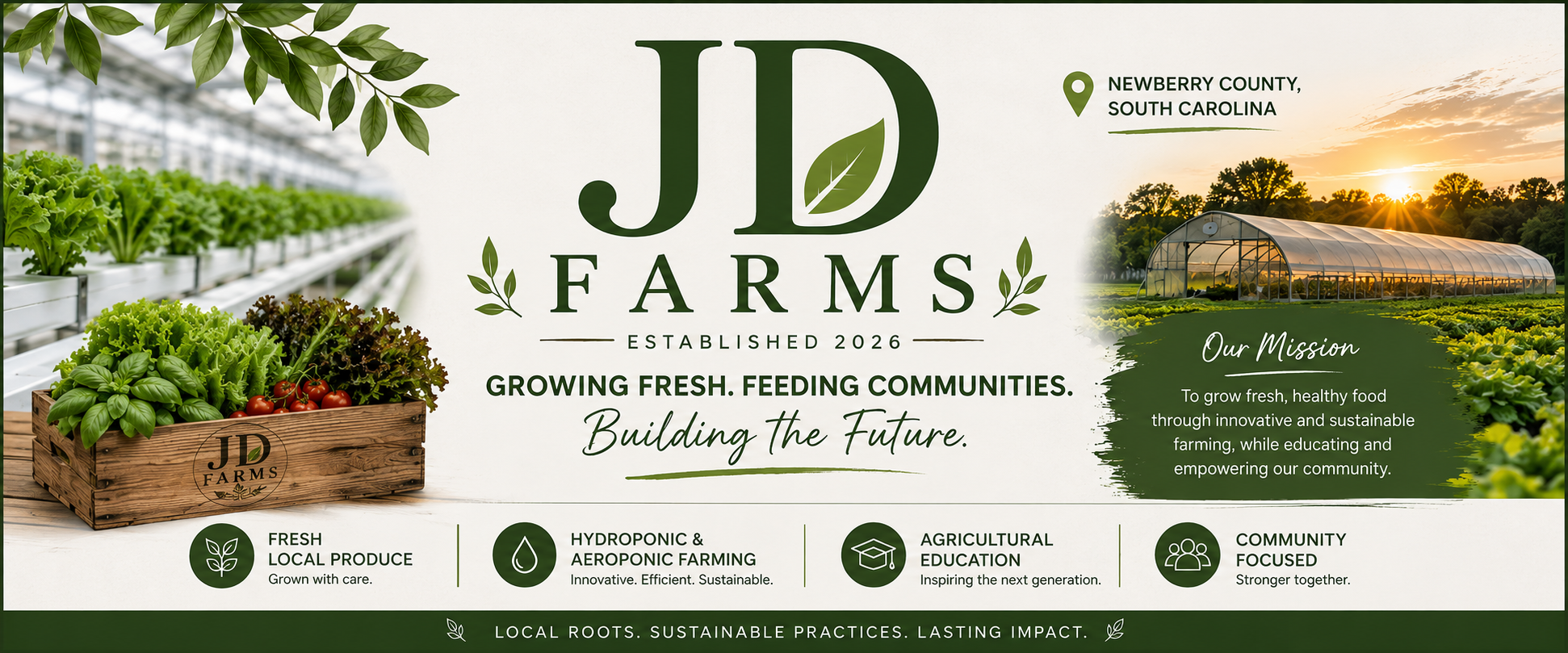 JD Farms banner — hydroponic greens and greenhouse at sunset